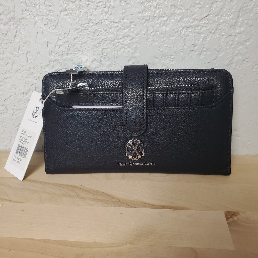 Christian Lacroix CLX Bryce Pebble ID Fold Zipper Wallet Wristlet Black NEW